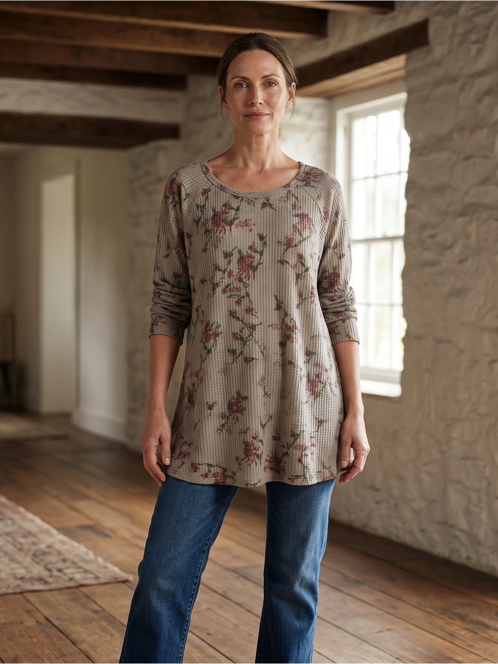 Soft & Cozy Waffle-Knit Vintage Inspired Floral Long-Sleeve Pullover